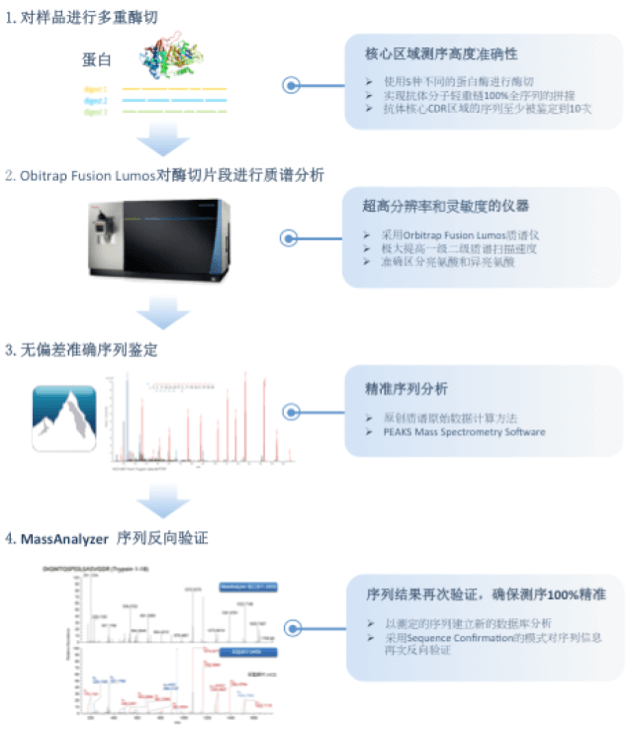 蛋白质分子的序列是蛋白质发挥功能的基础。蛋白质从头测序在在研究蛋白功能表位，检测商业单克隆抗体，疫苗，以及试剂盒等药物方面有着很重要的作用。